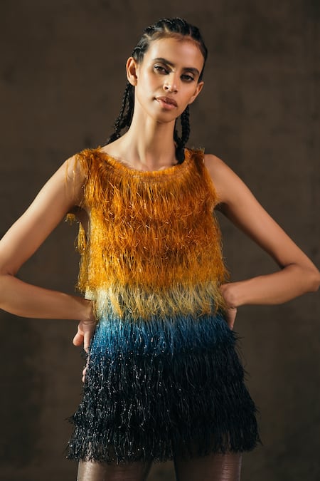 Shop Akhl Blue Tulle Woven Fringe Round Ombre Top at Aza Fashions Shop_Akhl_Blue Tulle Woven Fringe Round Ombre Top _at_Aza_Fashions
