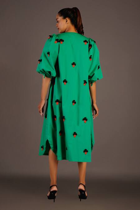 Deepika Arora Green Cotton Floral, Confetti V Neck Straight Placement Embroidered Dress 2