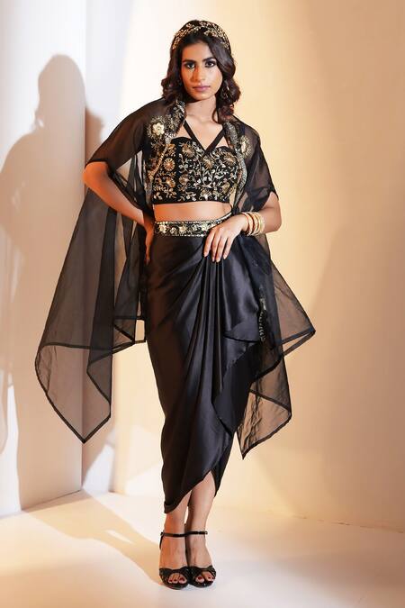 Shop_Rashika Sharma_Black Skirt  Satin Hand Embroidered Mirror Halter Aria Cape Set _at_Aza_Fashions