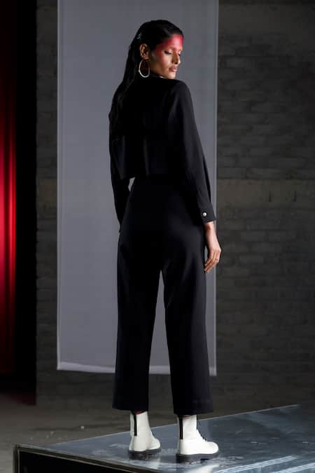Shop_Pocketful Of Cherrie_Black Polyester Embroidery Collared Full-sleeved Cropped Jacket _at_Aza_Fashions