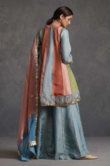 Shop Affroz Multi Color Tissue Silk Gota Patti Round Neck Blocked Lace Short Anarkali Set at Aza Fashions Shop_Affroz_Multi Color Tissue Silk Gota Patti Round Neck Blocked Lace Short Anarkali Set _at_Aza_Fashions