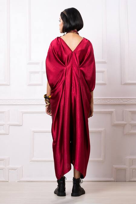 Shop Megha Garg Maroon Gucci Satin Embroidered Sequins Pleated Draped Kaftan Jumpsuit at Aza Fashions Shop_Megha Garg_Maroon Gucci Satin Embroidered Sequins Pleated Draped Kaftan Jumpsuit _at_Aza_Fashions