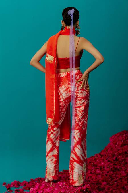 Shop_Latha Puttanna_Orange Silk Embroidered Tiger Batik Pattern Pant _at_Aza_Fashions