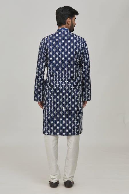 Shop Arihant Rai Sinha Blue Cotton, Silk Geometric Print Kurta Set at Aza Fashions Shop_Arihant Rai Sinha_Blue Cotton, Silk Geometric Print Kurta Set _at_Aza_Fashions