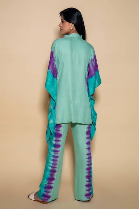Shop_Ranng Label_Green Twill Collared Tie Dye Kaftan And Pant Set _at_Aza_Fashions