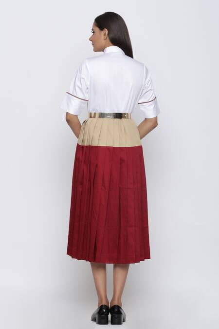 Shop_Escape By Aishwarya_Maroon Cotton Satin Shawl Neck Colorblock Pleated Summer Dress _at_Aza_Fashions