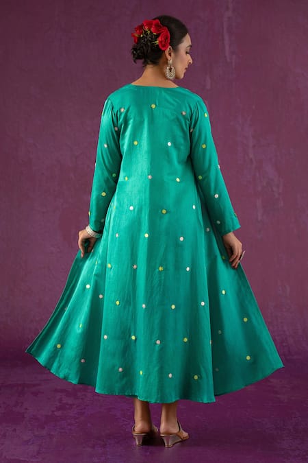 Shop Kacha Tanka Green Cotton Satin Applique Floral Square Mirror Embellished Jacket Skirt Set at Aza Fashions Shop_Kacha Tanka_Green Cotton Satin Applique Floral Square Mirror Embellished Jacket Skirt Set _at_Aza_Fashions