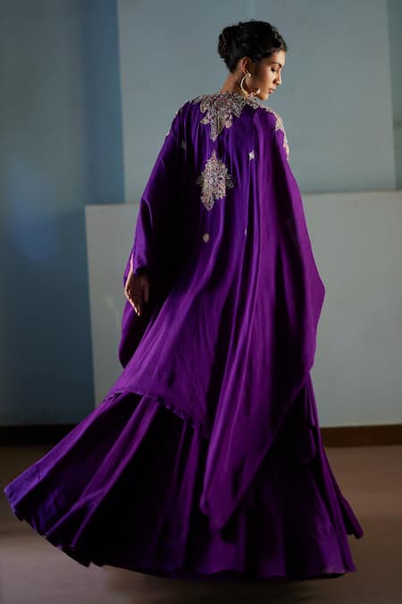 Mrunalini Rao Purple Silk Embroidery, Cut Work Sweetheart Neck Paisley Cape Lehenga Set Online at Aza Fashions Mrunalini Rao_Purple Silk Embroidery, Cut Work Sweetheart Neck Paisley Cape Lehenga Set _Online_at_Aza_Fashions