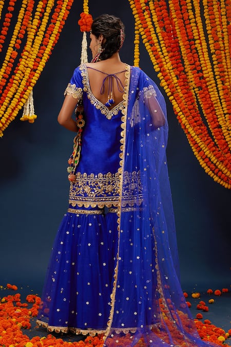 Shop Preeti S Kapoor Blue Silk, Net, Denim Gota Patti V-neck Work Kurta Gharara Set at Aza Fashions Shop_Preeti S Kapoor_Blue Silk, Net, Denim Gota Patti V-neck Work Kurta Gharara Set _at_Aza_Fashions