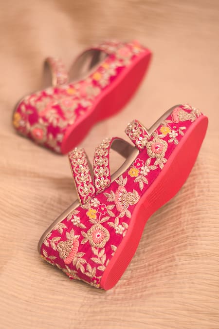 Around Always_Red Embroidery Kashish Floral Wedges _Online_at_Aza_Fashions