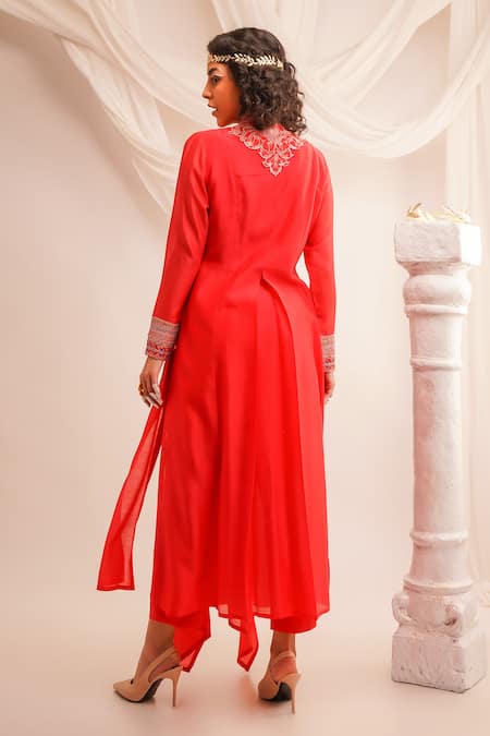 Shop Jajaabor Coral Silk Chanderi Embroidery Athena V Neck Angrakha And Pant Set at Aza Fashions Shop_Jajaabor_Coral Silk Chanderi Embroidery Athena V Neck Angrakha And Pant Set _at_Aza_Fashions