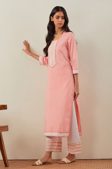 Buy_The Indian Cause_Peach Cotton Embroidery Round Neck Rozana Straight Kurta And Palazzo Set _Online_at_Aza_Fashions