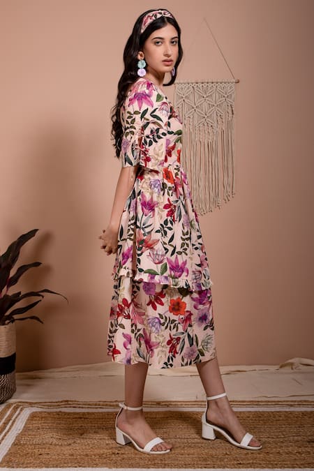 Shop Aroop Shop India Pink Viscose V-neck Lita Petunia Print Dress at Aza Fashions Shop_Aroop Shop India_Pink Viscose V-neck Lita Petunia Print Dress _at_Aza_Fashions