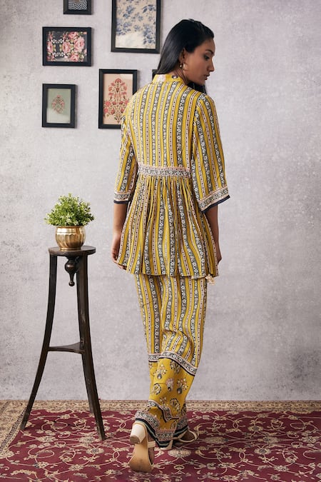 Shop_Soup By Sougat Paul_Yellow Crepe Tassels, Sequins, Embroidery Floral Print Peplum Kurta And Pant Set _at_Aza_Fashions