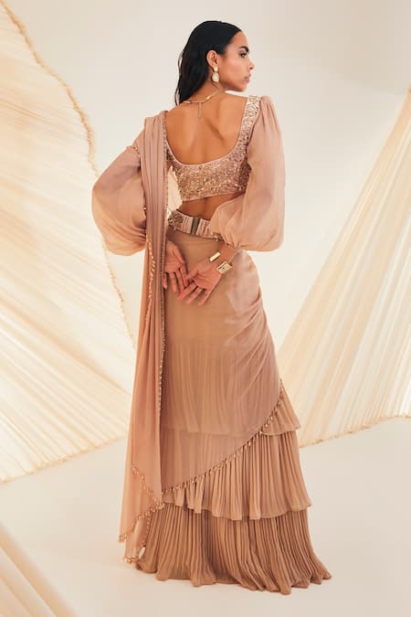 Shop Divya Aggarwal Beige Velvet, Crepe Sequins, Chloe Pre-draped Ruffle Trim Saree With Blouse at Aza Fashions Shop_Divya Aggarwal_Beige Velvet, Crepe Sequins, Chloe Pre-draped Ruffle Trim Saree With Blouse _at_Aza_Fashions
