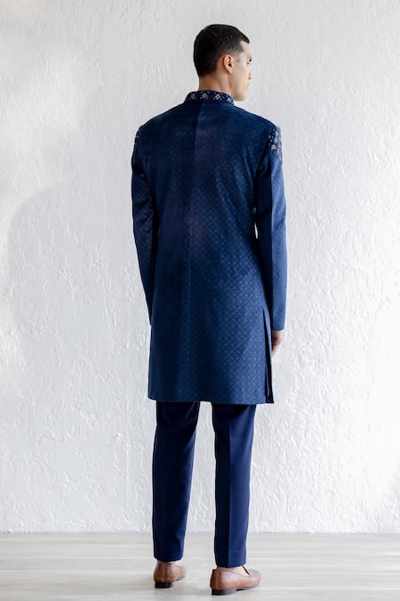 Shop Qbik Blue Jacket Embossed Velvet Embroidered Floral Aabid And Trouser Set at Aza Fashions Shop_Qbik_Blue Jacket Embossed Velvet Embroidered Floral Aabid And Trouser Set_at_Aza_Fashions