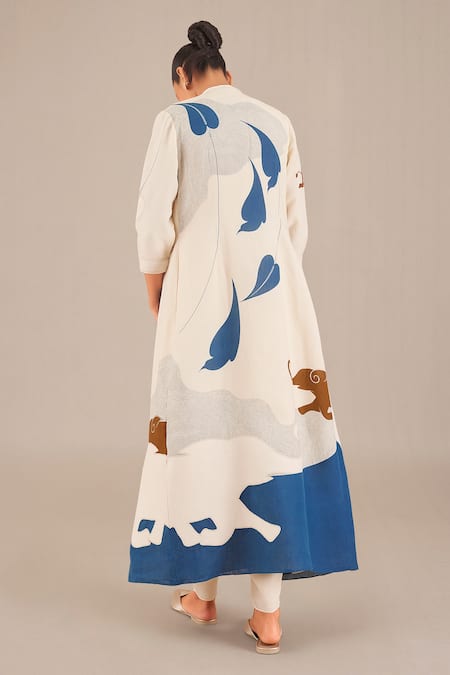 Shop Ampm Ivory Linen Embroidery Open Neck, Betel Motif Jacket And Pant Set at Aza Fashions Shop_Ampm_Ivory Linen Embroidery Open Neck, Betel Motif Jacket And Pant Set _at_Aza_Fashions