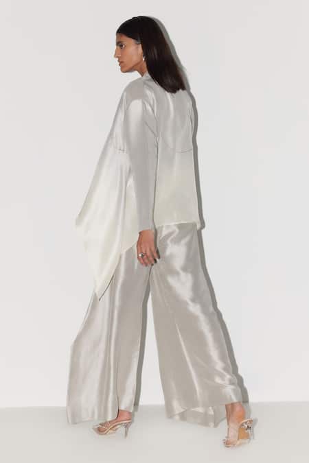 Shop Febo6 Grey Silk Embroidery, Zari Collared, V-neck Overlay Jacket Pant Set at Aza Fashions Shop_Febo6_Grey Silk Embroidery, Zari Collared, V-neck Overlay Jacket Pant Set _at_Aza_Fashions