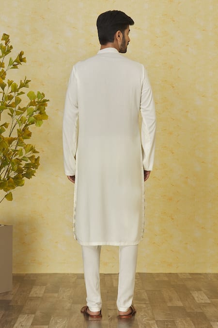 Shop Priyanka Haralalka Ivory Cotton, Kota Doria Embroidery Asymmetric Panelled Kurta Set at Aza Fashions Shop_Priyanka Haralalka_Ivory Cotton, Kota Doria Embroidery Asymmetric Panelled Kurta Set _at_Aza_Fashions