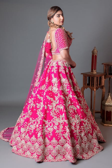 Shop Kalighata Pink Silk Sequins, Cut Work Boat Neck Raw Floral Embellished Bridal Lehenga Set at Aza Fashions Shop_Kalighata_Pink Silk Sequins, Cut Work Boat Neck Raw Floral Embellished Bridal Lehenga Set _at_Aza_Fashions