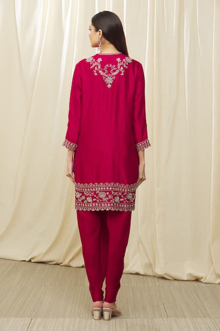 Shop Jayanti Reddy Red Silk Lace, Tassels Round Neck Embroidered Tunic Dhoti Pant Set at Aza Fashions Shop_Jayanti Reddy_Red Silk Lace, Tassels Round Neck Embroidered Tunic Dhoti Pant Set _at_Aza_Fashions