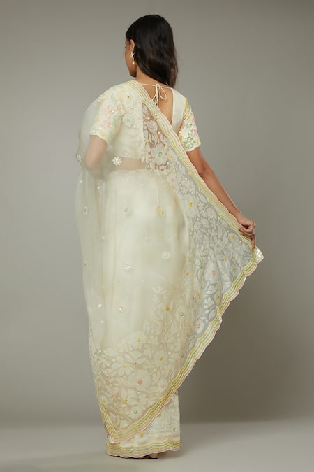 I Am Design Ivory Raw , Organza Floral French Vanilla Embroidered Saree Set Online at Aza Fashions I Am Design_Ivory Raw , Organza Floral French Vanilla Embroidered Saree Set _Online_at_Aza_Fashions