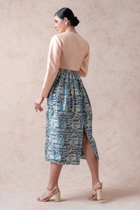 Shop Thetaa Blue Silk, Polyester Square Neck Geometric Print Gown With Shrug at Aza Fashions Shop_Thetaa_Blue Silk, Polyester Square Neck Geometric Print Gown With Shrug _at_Aza_Fashions