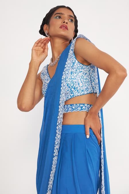 Shop Asaga Blue Silk, Georgette, Linen Embroidery V-neck Della Blouse Pre-draped Saree Set at Aza Fashions Shop_Asaga_Blue Silk, Georgette, Linen Embroidery V-neck Della Blouse Pre-draped Saree Set _at_Aza_Fashions