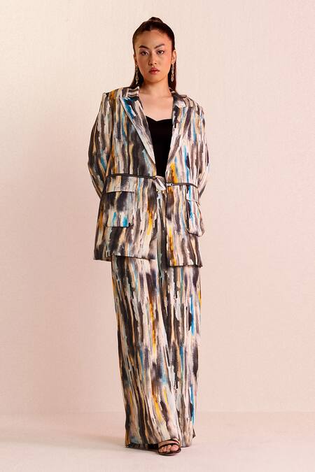 Shop Joskai Studio Multi Color Satin Printed Digital Notched Lapel Two-way Blazer And Pant Set at Aza Fashions Shop_Joskai Studio_Multi Color Satin Printed Digital Notched Lapel Two-way Blazer And Pant Set_at_Aza_Fashions