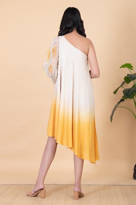 Shop Chambray & CO. Yellow Silk Crystals One Shoulder Ombre Flared Dress at Aza Fashions Shop_Chambray & CO._Yellow Silk Crystals One Shoulder Ombre Flared Dress _at_Aza_Fashions