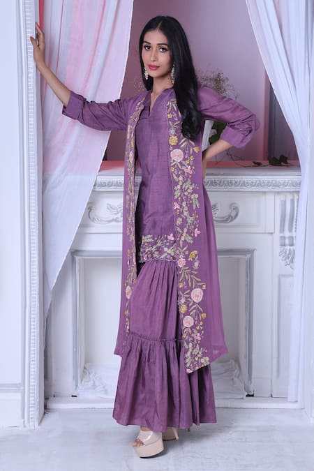 Shop Sunita Nagi Purple Sabarmati Georgette Embroidered Thread Jacket Open Sharara Set at Aza Fashions Shop_Sunita Nagi_Purple Sabarmati Georgette Embroidered Thread Jacket Open Sharara Set _at_Aza_Fashions