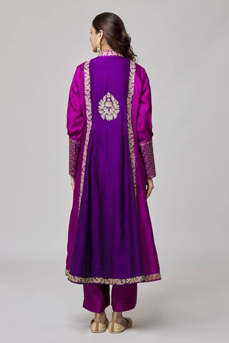 Shop_Surbhi Shah_Purple Silk Embroidery Mandarin Collar Full Sleeve Kurta And Pant Set _at_Aza_Fashions