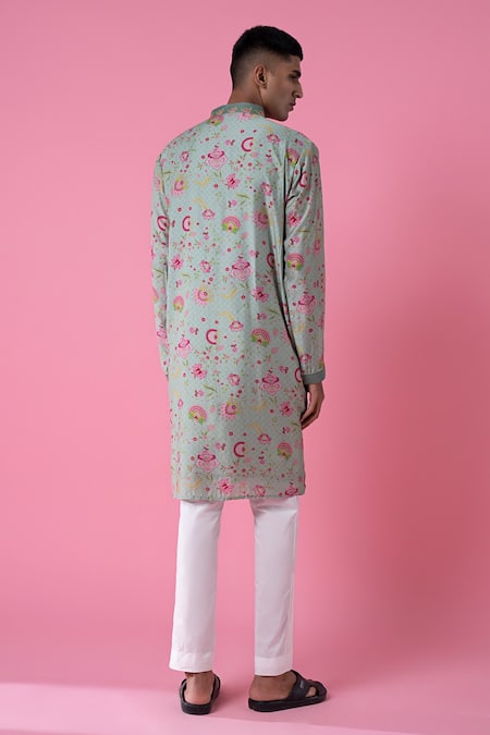 Shop Siddhartha Bansal Green Chanderi Printed Wild Flower Kurta Set at Aza Fashions Shop_Siddhartha Bansal_Green Chanderi Printed Wild Flower Kurta Set _at_Aza_Fashions
