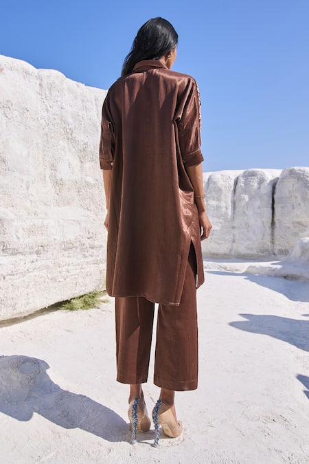 Shop Dash And Dot Brown Tencel Embroidery Shawl Neck Floral Longline Tunic Set at Aza Fashions Shop_Dash And Dot_Brown Tencel Embroidery Shawl Neck Floral Longline Tunic Set _at_Aza_Fashions