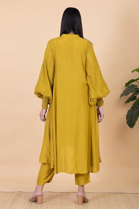Shop Chambray & Co. Yellow Silk Embroidery Bandeau Neck Remi Thread Kurta And Pant Set at Aza Fashions Shop_Chambray & Co._Yellow Silk Embroidery Bandeau Neck Remi Thread Kurta And Pant Set _at_Aza_Fashions