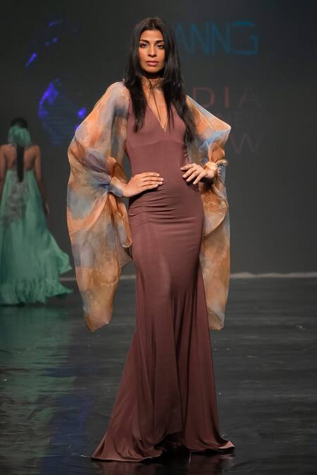 Shop_Ranng Label_Brown Organza, Lycra High Neck Exaggerated Sleeve Gown _at_Aza_Fashions
