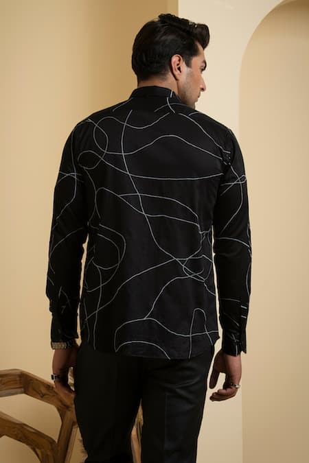 Shop Hilo Design Black Cotton Satin Embroidery Abstract Thread Shirt at Aza Fashions Shop_Hilo Design_Black Cotton Satin Embroidery Abstract Thread Shirt _at_Aza_Fashions