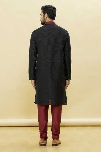 Shop Arihant Rai Sinha Black Silk Embroidery Solid Straight Kurta And Churidar Set at Aza Fashions Shop_Arihant Rai Sinha_Black Silk Embroidery Solid Straight Kurta And Churidar Set _at_Aza_Fashions