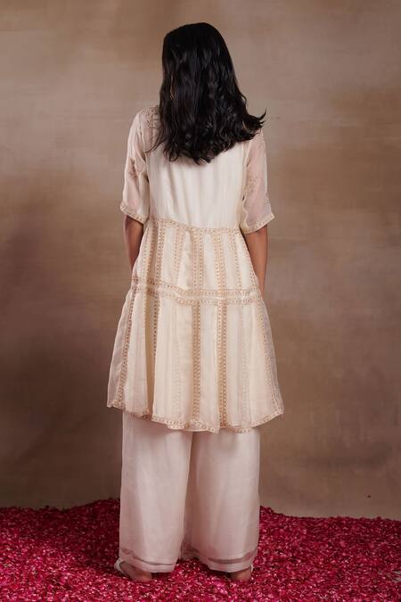 Shop_SHASHA GABA_Cream Organza Embroidery Bead And Cutdana Round Kurta & Palazzo Set _at_Aza_Fashions