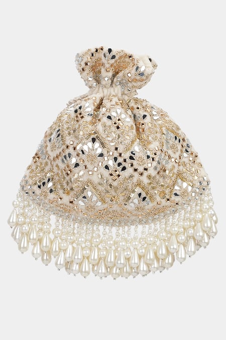 Shop Aanchal Sayal Ivory Embroidered Ines Gota And Mirror Work Potli Bag at Aza Fashions Shop_Aanchal Sayal_Ivory Embroidered Ines Gota And Mirror Work Potli Bag_at_Aza_Fashions