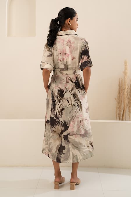 Shop Arcvsh By Pallavi Singh Grey Linen Fringe Collared Scattered Floral Print Shirt Dress at Aza Fashions Shop_Arcvsh By Pallavi Singh_Grey Linen Fringe Collared Scattered Floral Print Shirt Dress _at_Aza_Fashions