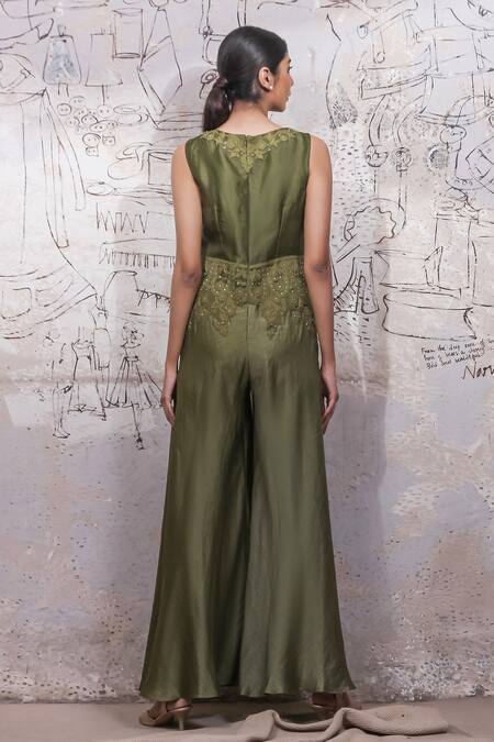 Shop Ekru Green Linen, Satin, Organza Embroidery, Sequins Round Neck Caterpillar Jumpsuit at Aza Fashions Shop_Ekru_Green Linen, Satin, Organza Embroidery, Sequins Round Neck Caterpillar Jumpsuit_at_Aza_Fashions
