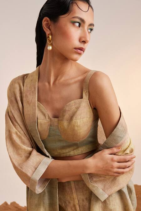 Shop Cord Beige Cotton Satin Sweetheart Neck Impression Print Bustier at Aza Fashions Shop_Cord_Beige Cotton Satin Sweetheart Neck Impression Print Bustier_at_Aza_Fashions