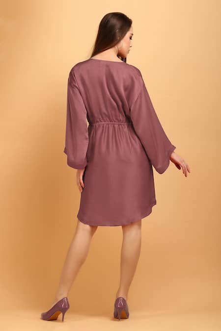 Shop Label Ivish Pink Modal, Satin Rhinestones V-neck Plain Wrap Asymmetric Dress at Aza Fashions Shop_Label Ivish_Pink Modal, Satin Rhinestones V-neck Plain Wrap Asymmetric Dress _at_Aza_Fashions