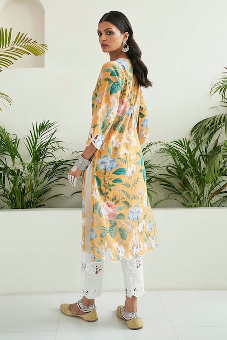 Shop_Sage Saga_Yellow , Cotton Pearls, Round Neck Freesia Straight Floral Print Kurta _at_Aza_Fashions