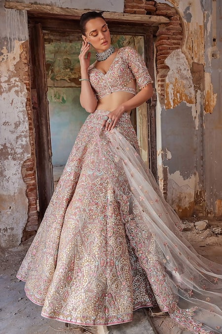 Tamanna Punjabi Kapoor Mirror & Resham Cluster Embroidered Bridal Lehenga Set 