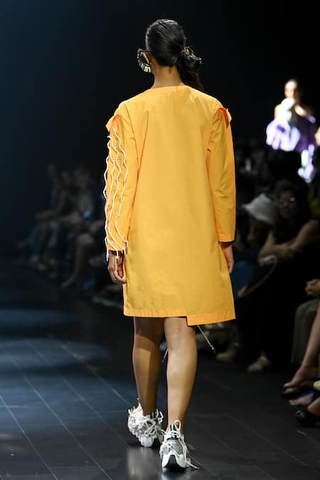 Shop Nitin Bal Chauhan Yellow Cotton Round Neck 3d Embroidered Dress at Aza Fashions Shop_Nitin Bal Chauhan_Yellow Cotton Round Neck 3d Embroidered Dress _at_Aza_Fashions