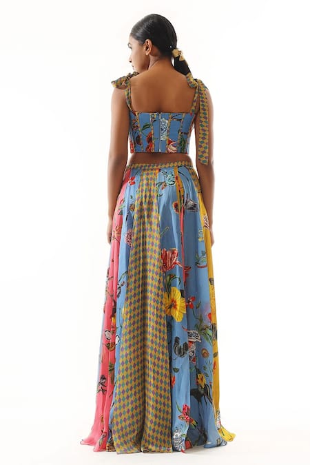 Shop_Mahima Mahajan_Multi Color Organza, Satin, Silk Embroidery Floral Print Panelled Skirt _at_Aza_Fashions