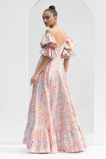 Mandira Wirk Resort_Pink Lurex, Jacquard Off-shoulder Cold Leaf Print Dress _Online_at_Aza_Fashions