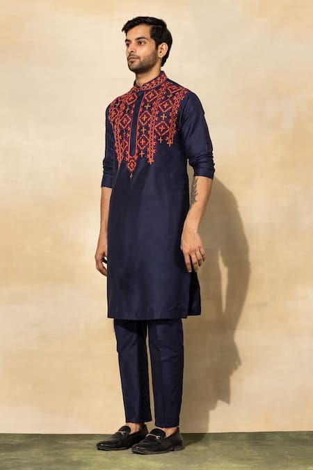 Shop Diyarajvvir Blue Cotton Embroidery Tribal Kurta Set at Aza Fashions Shop_Diyarajvvir_Blue Cotton Embroidery Tribal Kurta Set _at_Aza_Fashions
